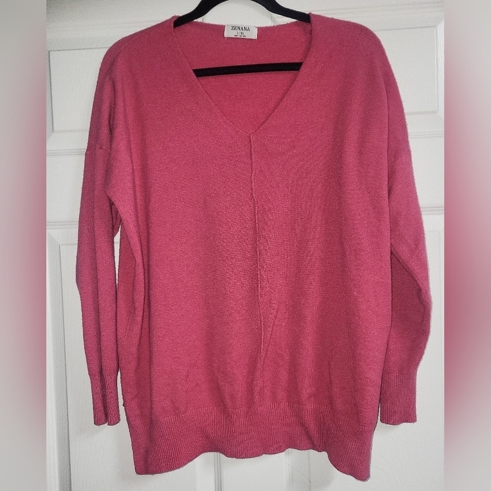 Zenana - Womens Fuschia Viscose V-Neck Sweater- Size L/XL